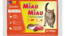 MIAU MIAU Mixt, Vită și Pui, plic hrană umedă pisici, (în sos), multipack, 100g x 4buc