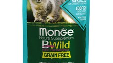 MONGE BWild, Cod și Creveți, plic hrană umedă fără cereale pisici, (în sos), 85g