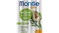 MONGE Gift Hairball Soft Sticks, Somon și Anghinare, punguță recompense funcționale fără cereale pisici, limitarea ghemurilor de blană, 15g