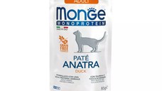 MONGE Monoprotein, Rață, plic hrană umedă monoproteică fără cereale pisici, (pate), 85g