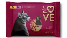MY LOVE, Pui și Curcan, plic hrană umedă pisici, (în sos), multipack, 85g x 4buc