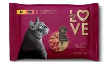 MY LOVE, Pui și Vită, plic hrană umedă pisici, (în sos), multipack, 85g x 4buc