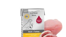 PLATINUM Menu Adult pentru caini, hrana umeda fara cereale cu rata si curcan, 185 g