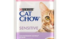 PURINA Cat Chow Sensitive, Somon și dovleac, hrană umedă pisici, sistem digestiv, (în sos) PURINA Cat Chow Sensitive, Somon și dovleac, plic hrană umedă pisici, sistem digestiv, (în sos), 85g
