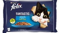 PURINA Felix Fantastic, 2 arome (Somon și Peste Cambula), pachet mixt, plic hrană umedă pisici, (în aspic), 85g x 4