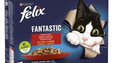 PURINA Felix Fantastic, 4 arome (Pui, Vita, Iepure, Miel), pachet mixt, plic hrană umedă pisici, (în aspic), 85g x 12
