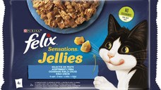 PURINA Felix Sensations, 2 arome (Somon și Pastrav), pachet mixt, plic hrană umedă pisici, (în aspic), 85g x 4