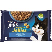 PURINA Felix Sensations, 2 arome (Somon și Pastrav), pachet mixt, plic hrană umedă pisici, (în aspic), 85g x 4 - 2