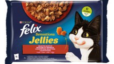 PURINA Felix Sensations, 2 arome (Vită și Pui), pachet mixt, plic hrană umedă pisici, (în aspic), 85g x 4