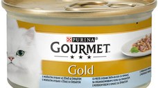 PURINA Gourmet Gold Double Pleasure, Pește oceanic cu Spanac, conservă hrană umedă pisici, (în sos), 85g
