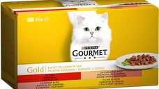 PURINA Gourmet Gold, Mix de 4 Arome (Vită, Curcan și Rață, Somon și Pui, Pui și Ficat), Conservă pentru Pisici, 85g x 4