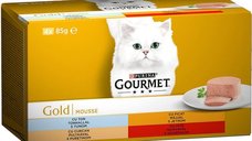 PURINA Gourmet Gold Mousse, 4 arome (Vita, Curcan, Ficat, Ton), pachet mixt, conserva hrana umeda pentru pisici, 85g x 4