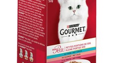 PURINA Gourmet Mon Petit, 3 arome (Somon, Ton, Păstrăv), pachet mixt, plic hrană umedă pisici, (în sos), 50g x 6