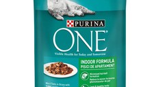 PURINA One Indoor, Ton cu Fasole Verde, plic hrană umedă pisici, (în sos), 85g