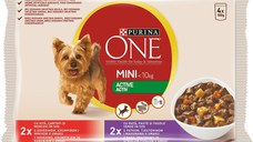 PURINA One Mini Active, 2 arome, multipack plic hrană umedă câini, activitate intensă, (în sos), 100g x 4 PURINA One Mini Active, 2 arome, multipack plic hrană umedă câini, activitate intensă, (în sos), 85g x 4