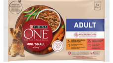 PURINA One Mini Adult, 2 arome, multipack plic hrană umedă câini, (în sos), 85g x 4