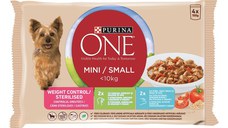 PURINA One Mini Controlul Greutății, 2 arome, mulipack plic hrană umedă câini, (în sos), 100g x 4 PURINA One Mini Controlul Greutății, 2 arome, mulipack plic hrană umedă câini, (în sos), 85g x 4