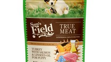 SAM'S FIELD Puppy, XS-XL, Curcan și Somon, plic hrană umedă fără cereale câini junior, (în aspic), 260g