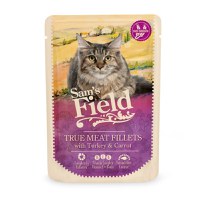SAM'S FIELD True Meat Fillets, Curcan și Morcov, plic hrană umedă fără cereale pisici, (în sos), 85g - 1