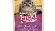 SAM'S FIELD True Meat Fillets, Curcan și Morcov, plic hrană umedă fără cereale pisici, (în sos), 85g