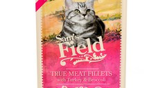 SAM'S FIELD True Meat Fillets Kitten, Curcan și Broccoli, plic hrană umedă fără cereale pisici junior, (în sos), 85g
