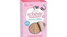 SCHESIR Baby Mousse & Fillets, Pui și Somon, conservă hrană umedă fără cereale pisici junior, (mousse), multipack, 55g x 3buc