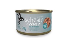 SCHESIR Silver, Ton și Macrou, conservă hrană umedă fără cereale pisici senior, (în supă), 70g