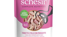 SCHESIR Ton, Pui și Șuncă, plic hrană umedă pisici, (în aspic), 85g