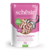 SCHESIR Ton, Pui și Șuncă, plic hrană umedă pisici, (în aspic), 85g - 2