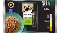 SHEBA Delicatese Mixte pentru Pisici, Carne si Peste, Hrană Umedă în Aspic, Multipack 85g x 4buc