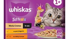 WHISKAS Tasty Mix Creamy Creations, hrana umeda pentru pisici cu pui si legume, miel si curcan, in sos, 12 x 85 g