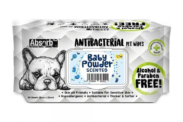 Absorb Plus, Antibacterian Pet Wipes Baby Powder, 80 buc