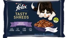 Felix Tasty Shreds, Vita, Pui, Somon si Ton in sos, 4x80 g