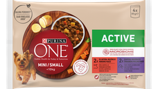 PURINA ONE MINI Active, vita, cartofi, si morcovi/ cu rata, paste si fasole verde, in sos, 4x85 g