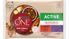 PURINA ONE MINI Active, vita, cartofi, si morcovi/ cu rata, paste si fasole verde, in sos, 4x85 g