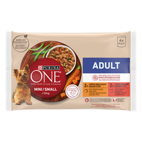 PURINA ONE MINI Adult, pui, morcovi si fasole verde/ cu vita, cartofi si mazare, in sos, 4x85 g - 1