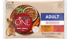 PURINA ONE MINI Adult, pui, morcovi si fasole verde/ cu vita, cartofi si mazare, in sos, 4x85 g