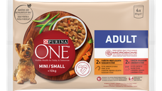PURINA ONE MINI Adult, pui, morcovi si fasole verde/ cu vita, cartofi si mazare, in sos, 4x85 g
