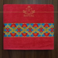 Prosop baie brodat, Bordura Florala, bumbac 100%, Color , 70x140cm - 600gr/mp (Culoare Prosop: Rosu) - 1