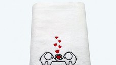Prosop baie Brodat Elefantei Indragostiti, bumbac 100%, alb, 70x140cm - 680gr/mp