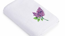Prosop baie Brodat Liliac, bumbac 100%, alb, 70x140cm - 680gr/mp