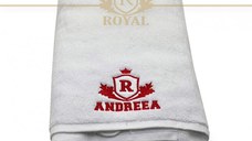 Prosop baie Brodat Nume Andreea, Royal Home, bumbac 100%, alb, 70x140cm - 650gr/mp