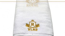 Prosop baie Brodat Nume Vlad, Royal Home, bumbac 100%, alb, 70x140cm - 650gr/mp