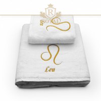 Set 2 Prosoape baie Brodate Alb cu broderie Auriu, Zodie, bumbac 100% (Zodie: Rac) - 3