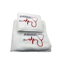 Set 2 Prosoape baie Brodate Alb cu broderie color, Model Stetoscop, bumbac 100% - 3