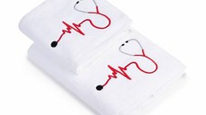 Set 2 Prosoape baie Brodate Alb cu broderie color, Model Stetoscop, bumbac 100%