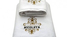 Set 2 Prosoape baie Brodate Alb cu broderie color, Nume Nicoleta