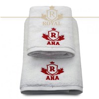 Set 2 Prosoape baie Brodate Alb cu broderie color, Royal + Nume, bumbac 100% (Culoare Broderie: Auriu) - 1