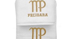 Set 2 Prosoape baie Brodate Alb cu broderie Fecioara, bumbac 100% (Culoare Broderie: Auriu, Culoare Prosop: Bleumarin)