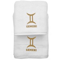 Set 2 Prosoape baie Brodate Alb cu broderie Gemeni, bumbac 100% (Culoare Broderie: Galben, Culoare Prosop: Roz) - 1